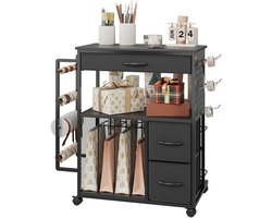 3-in-1 Cadeauverpakkingstrolley op Wielen – 3 Lades, Inclusief Papierrollen, Linten & Geschenkzakken – Mobiele Hobby- en Craftopslag voor Thuis & Kantoor – Zwart