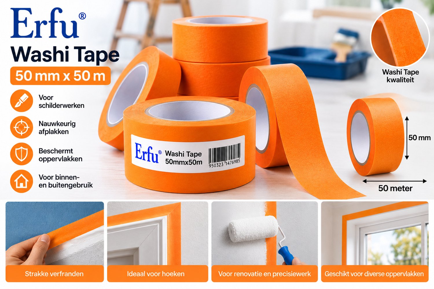 ERFU Washi Tape Oranje 50 mm x 50 m – Professionele Afplaktape – Schilderstape voor Precisiewerk – Masking Tape – Voor Schilderwerken en Renovatie