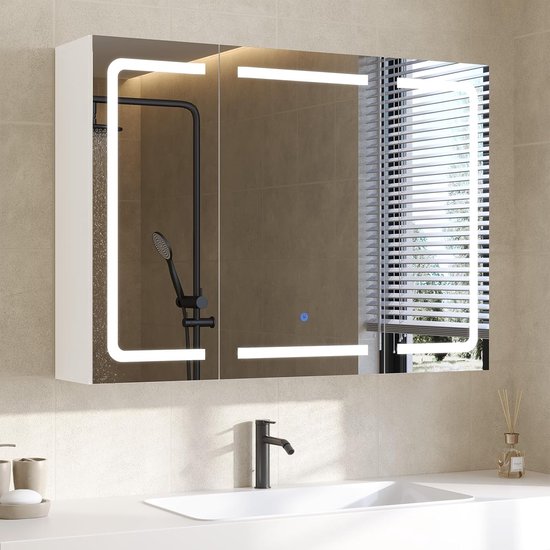 Badkamer Spiegelkast met LED Verlichting 90x60x16 cm – Wit – 3 Spiegeldeuren – Dimbaar met 3 Lichtkleuren – 2 Stopcontacten en 2 USB-A Poorten – Verstelbare Legplank – Wandkast