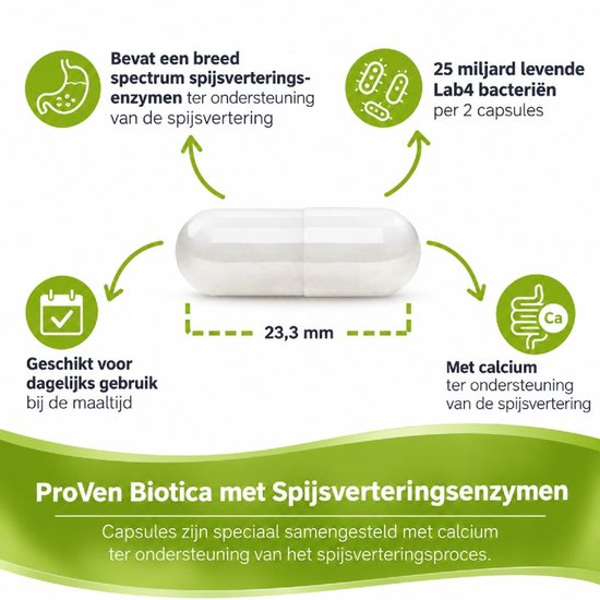 Eén capsule van 23,3 mm met enzymen en bacteriën, inclusief tekst over calcium en dagelijkse ondersteuning.