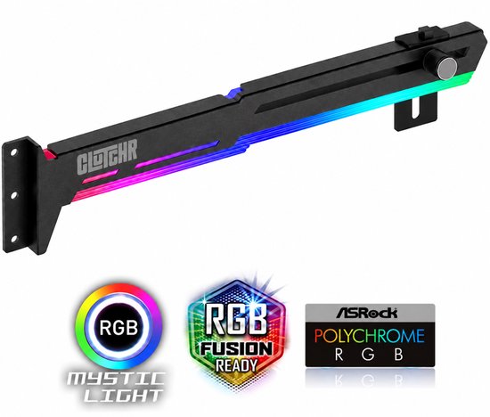 Zwarte CLUTCHR GPU-houder met instelbare RGB-verlichting, compatibel met Mystic Light, RGB Fusion en ASRock Polychrome.