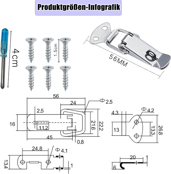 4-delige set spanvergrendelingen met schroeven en schroevendraaier, 56 mm — afbeelding 2