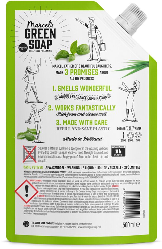 Achterzijde van Marcel's Green Soap navulzak met productinstructies, drie beloftes en ingrediëntenlijst.