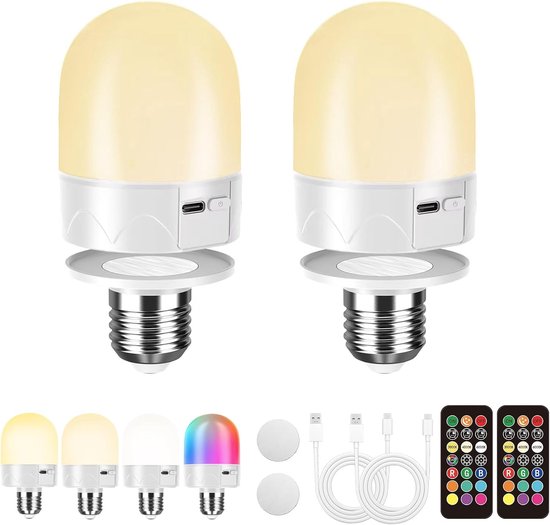2 Stuks via USB oplaadbare lampen met afstandsbediening - E27-lamp op batterijen - RGB-lamp met kleurwisseling - 12 kleurtemperaturen - dimbaar - 3 timers - nachtlampfunctie — afbeelding 2