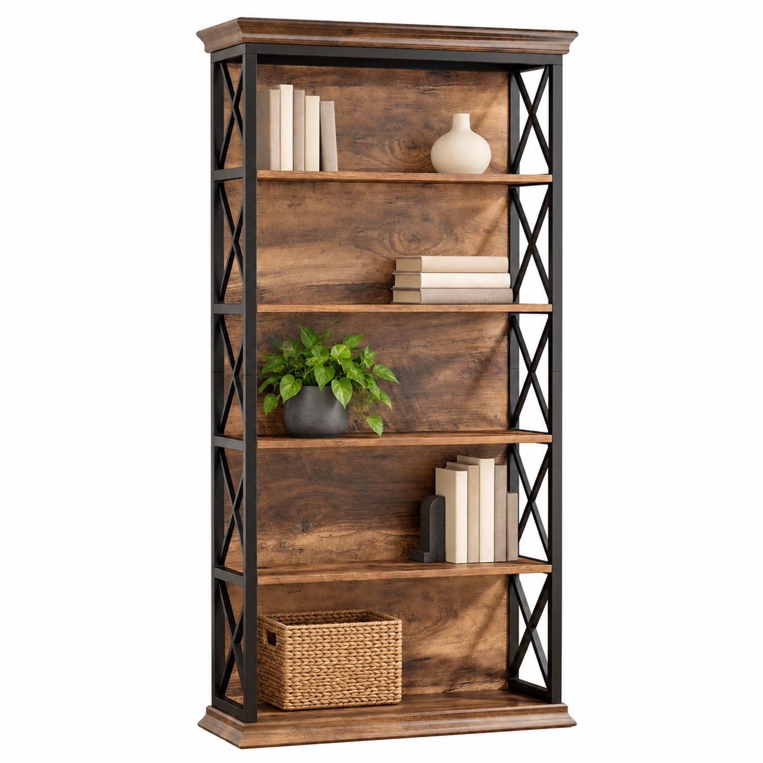 DMG Supply Boekenkast met Achterwand - 5 Open Vakken - 83 x 32 x 180 cm - Bruin/Zwart - MDF en Metaal