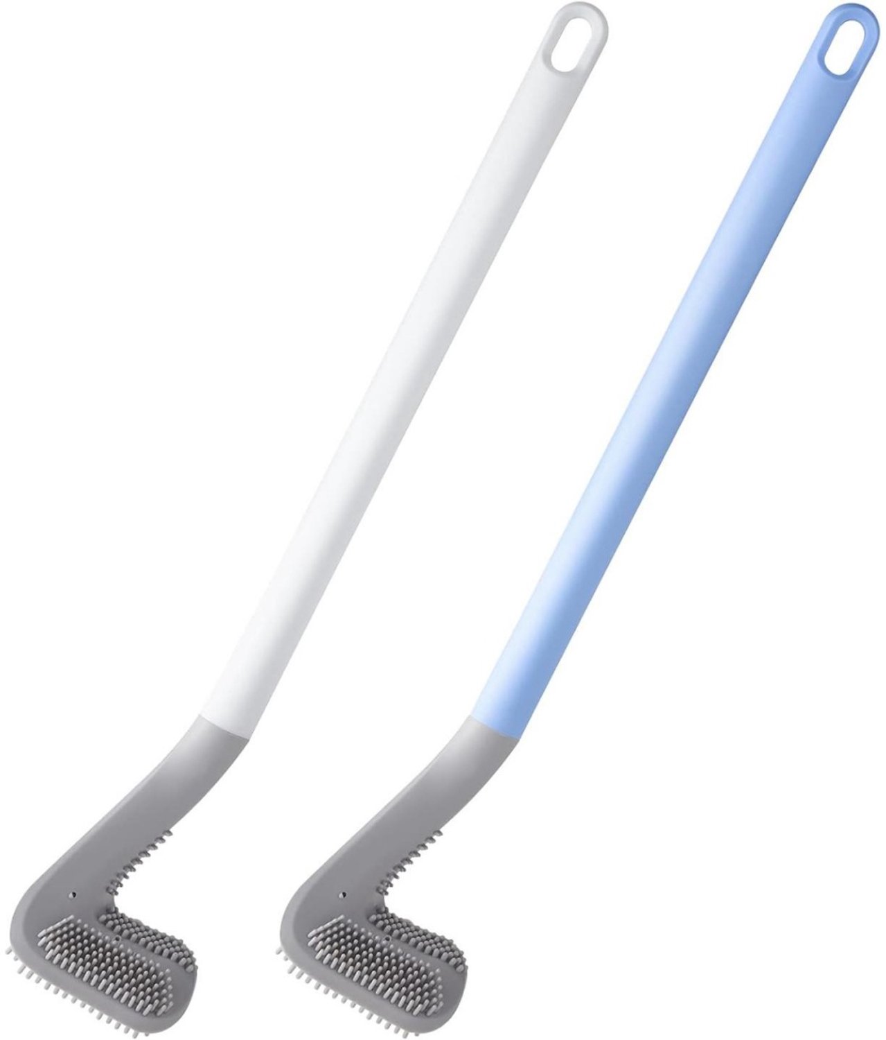 SSTRWGOOD Siliconen toiletborstelkop in golfvorm – set van 2 – Siliconen toiletborstel met lange steel – Ontworpen geschikt voor het reinigen van moeilijk bereikbare hoeken en kieren – Geschikt voor badkamers – Wit en blauw