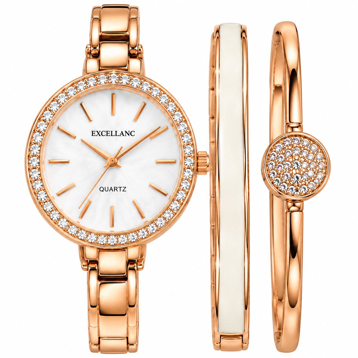Excellanc Dames Horloge Set Roségoud - Sieraden Geschenkset met Armbanden - Strass Horloge - Luxe Cadeauset voor Dames