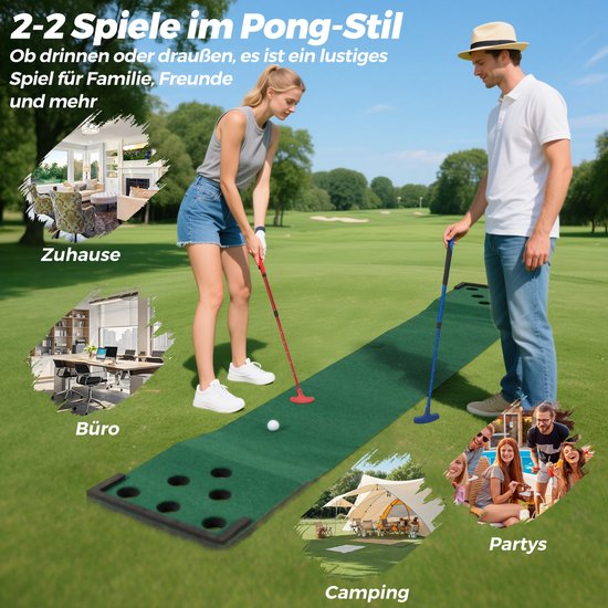 COSTWAY Golfpong Puttingmat, 332 x 50 cm, groen met 2 verstelbare putters, 6 ballen en 12 gatafdekkingen, draagbare golfmat voor binnen en buiten, trainingsmat voor feest, tuin van Costway — afbeelding 5