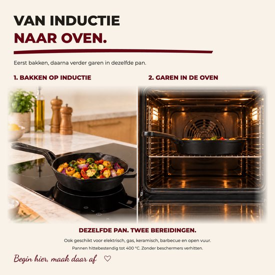 Gietijzeren pan met groenten op inductiefornuis en in een oven. Tekst: Van inductie naar oven.
