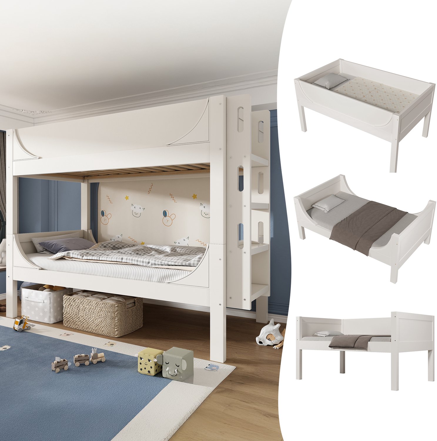 Welltin Wit deelbaar stapelbed 90 x 200 cm - Twee eenpersoonsbedden - Ladder aan hoofd- of voeteneinde - Kinderkamer - 214 x 95 x 150 cm - Wit