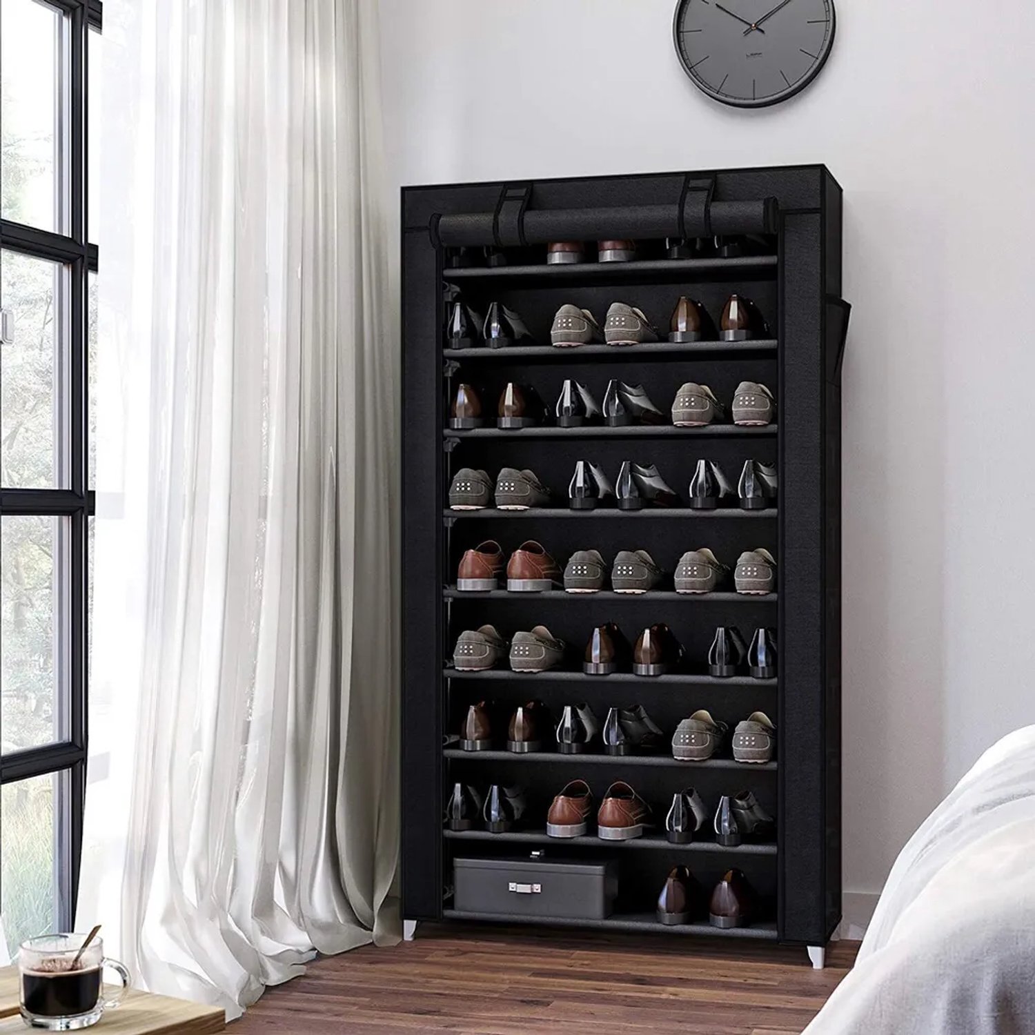 LEADZM Schoenenkast 10-laags - Zwart - 88 x 28 x 160 cm - met stofhoes en ritssluiting
