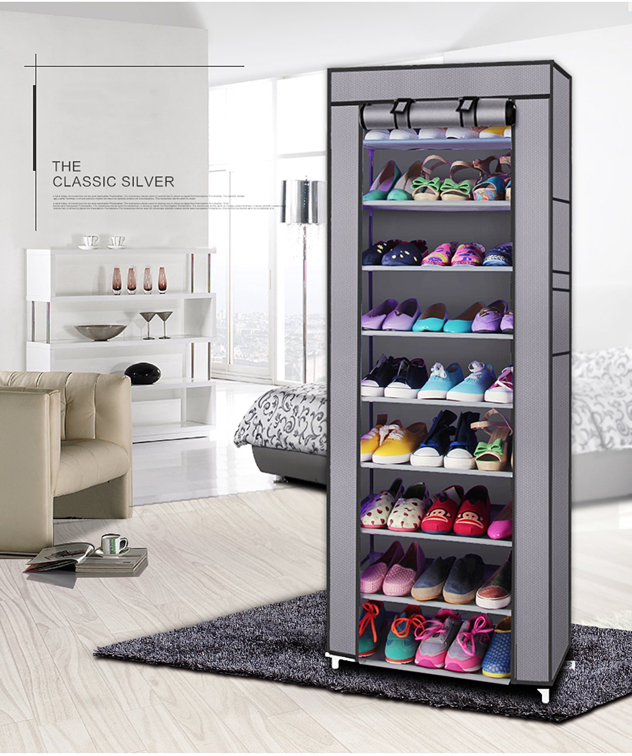 LEADZM Schoenenkast 10-laags - Grijs - 58 x 29 x 160 cm - met stofhoes en ritssluiting