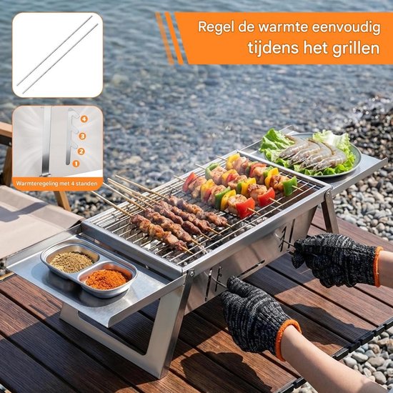 SSTRWGOOD Compacte, draagbare en inklapbare houtskoolbarbecue – Mini-tafelbarbecue – Hitte instelbaar in 4 standen – Campingbarbecue – Geschikt voor kamperen, de tuin en picknicks – Ideaal geschikt voor op reis, stranduitjes en barbecues in de tuin — afbeelding 5