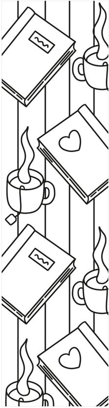 Zwart-wit kleurboekenlegger met een patroon van boeken en dampende kopjes thee of koffie.