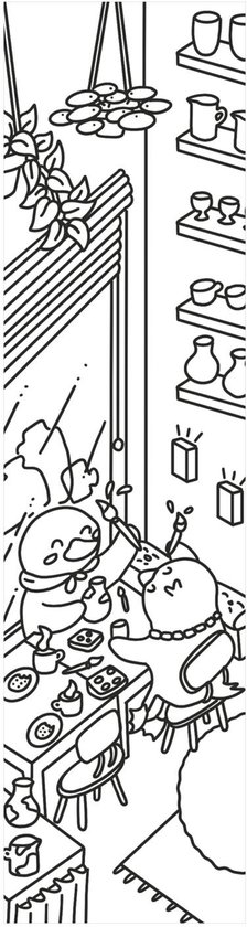 Zwart-wit kleurboekenlegger met twee pinguïns in een atelier vol aardewerk, boeken en planten.