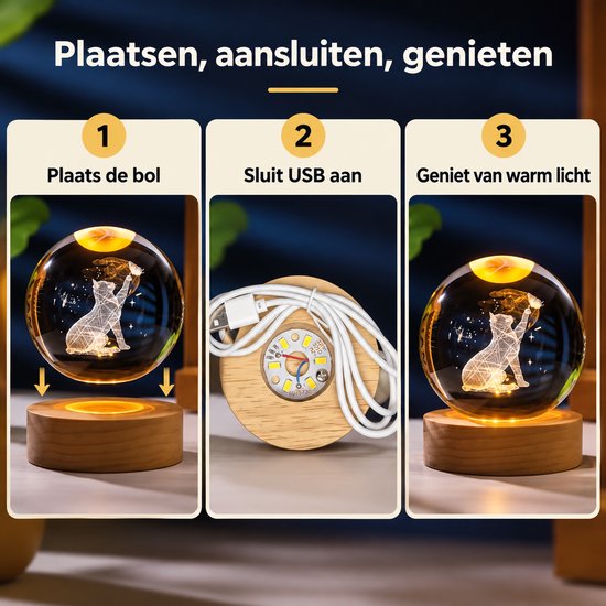 Klarigo® Nachtlamp – Kat - Poes - 3D LED Lamp – Glazen Bol – Warm Licht – Bureaulamp – Nachtlampje Kinderen – Creative lamp van Klarigo — afbeelding 4
