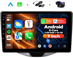 Boscer Autoradio - Geschikt voor Toyota Aygo, Citroën C1 & Peugeot 108 (2015-2020) - Android 15 - 9 Inch HD Touchscreen - 8-Core Snapdragon 4+64GB - Interne Koeling - Apple CarPlay & Android Auto - GPS, WiFi, Bluetooth - Camera & Microfoon