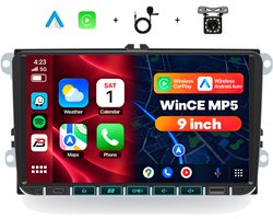 Boscer 2 Din Autoradio met 9 Inch Scherm - Geschikt voor Volkswagen, Seat & Skoda RNS-formaat 2003-2015 - Draadloos Apple CarPlay & Android Auto - Bluetooth Handsfree Bellen - FM Radio (RDS) - CAN-bus Meegeleverd - Achteruitrijcamera & Microfoon