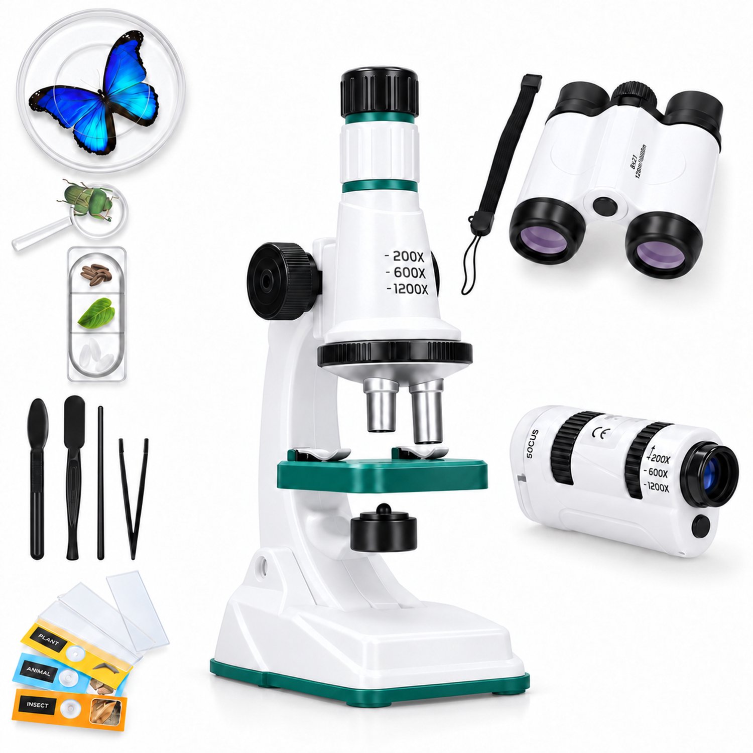 Silvergear® Microscoop voor Kinderen Set 3 in 1 - tot 1200x Vergroten - Tafelmicroscoop - Draagbare Microscoop - Verrekijker - incl. Accessoires - Educatief Speelgoed - Cadeau Jongens en Meisjes - 6, 7, 8, 9, 10, 11, 12, 13, 14, 15, 16+ Jaar - Wit