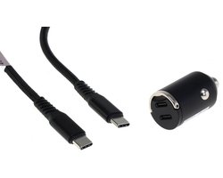 OneOne auto snellader met 2 poorten + 1,2m sterke USB C naar C kabel. 40W (2x 20W) lader. Autolader adapter past op Apple iPhone 16 Pro Max, iPhone 16e, iPad 9, iPad 10, iPad Air 4, iPad Air 5, iPad Mini 6, iPad Pro 11, iPad Pro 12.9