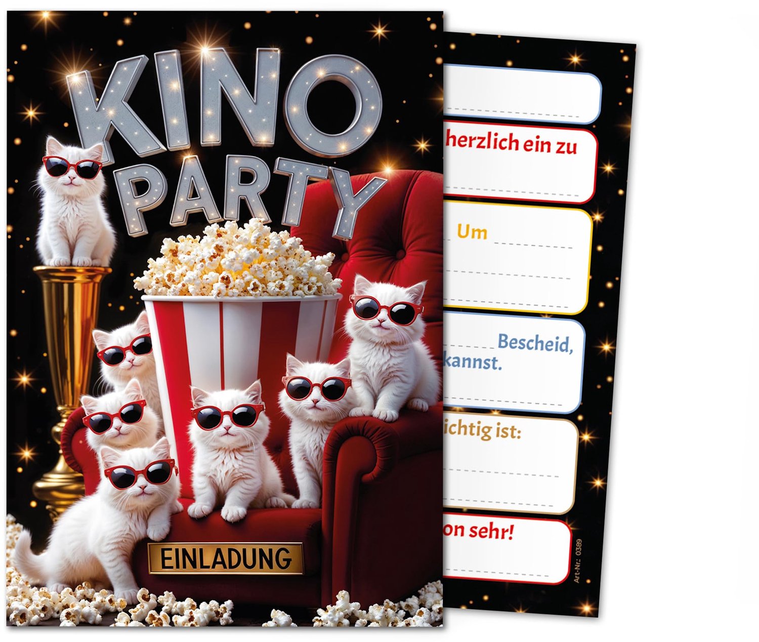 Set van 8 Kindvriendelijke Verjaardagsuitnodigingen met Cinema Thema