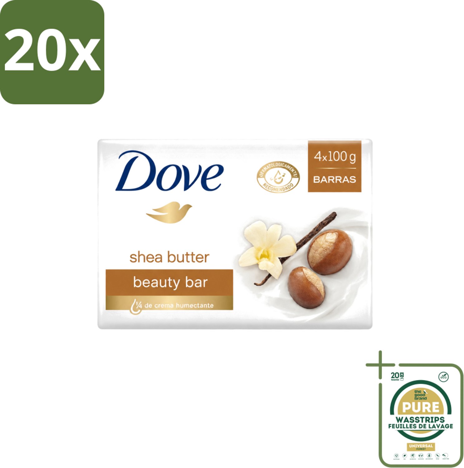 20 x Dove – Zeep – Sheabutter – 4 x 100 g - Wasstrips - Zeep Sheabutter - Huid Verzorging - Droge Huid - Milde Reiniging - Hydraterende Crème