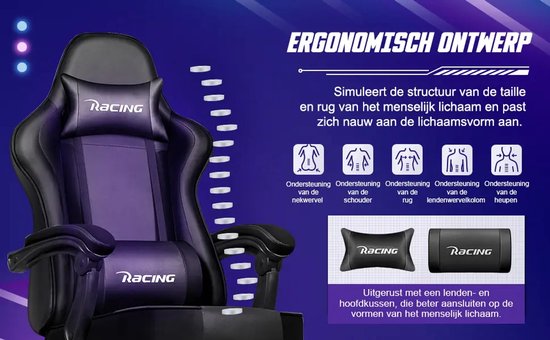 GTIMEX Gamingstoel Ergonomische bureaustoel met uitschuifbare voetensteun Gamingstoel met hoofdsteun en lendensteun Beklede gamingfauteuil 150 kg In hoogte verstelbare gamingstoel — afbeelding 4