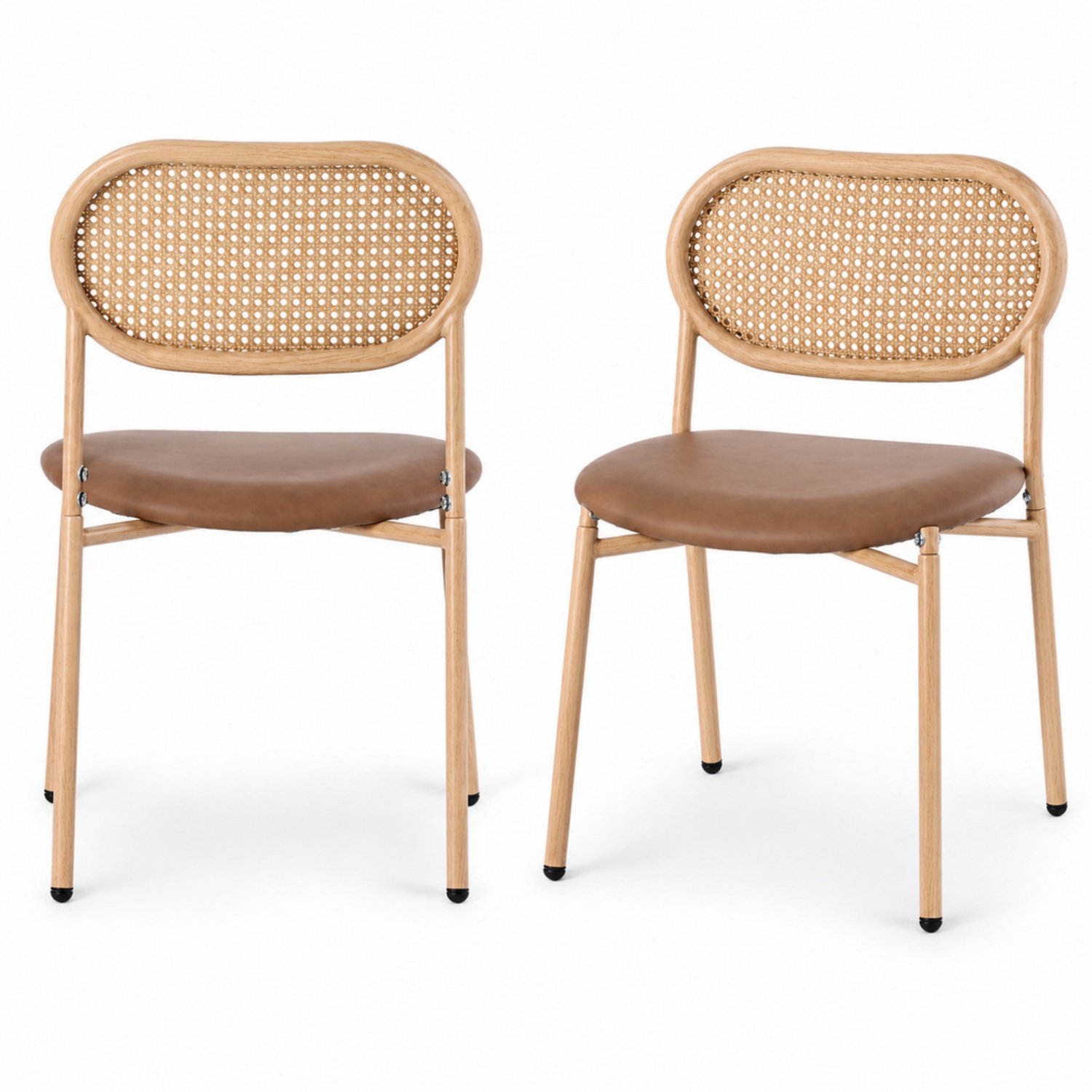 LONG DRAGON - Eetkamerstoelen - Set van 2 - Rotan rugleuning - Vier metalen poten - Voor woonkamer en slaapkamer - Bruin