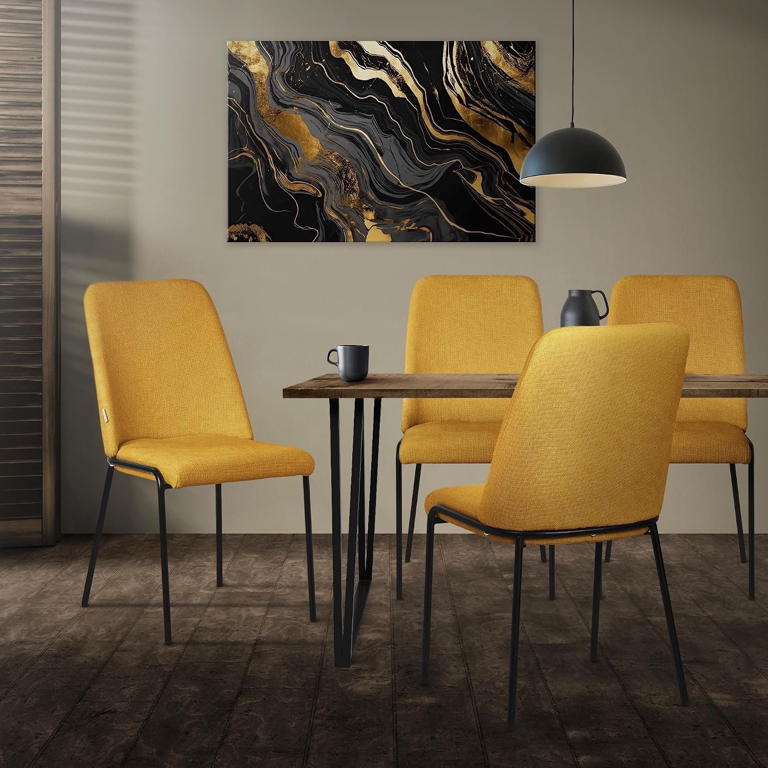 Mosterdgele Eetkamerstoelen Set van 4 – Gestoffeerde Keukenstoelen met Zachte Polyester Bekleding, Ergonomische Rugleuning, Comfortabele Zitting en Stevige Zwart Metalen Poten, 62 x 49 x 94 cm