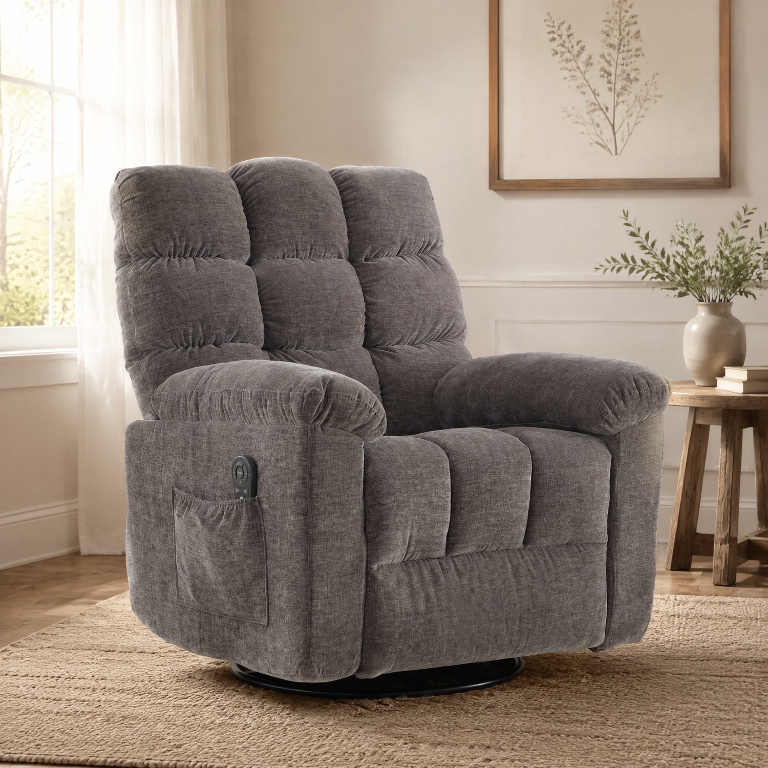 MEUNIQ massagestoel, 360° draaibare relaxfauteuil met vibratiemassage en warmtefunctie, handmatig verstelbare rugleuning en voetensteun, grijs