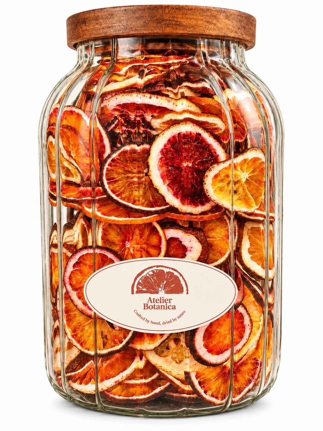 Atelier Botanica – Gedroogde Bloedappelsien 250g + Glazen Voorraadpot 3L – Geschenkset – Acaciahouten Deksel