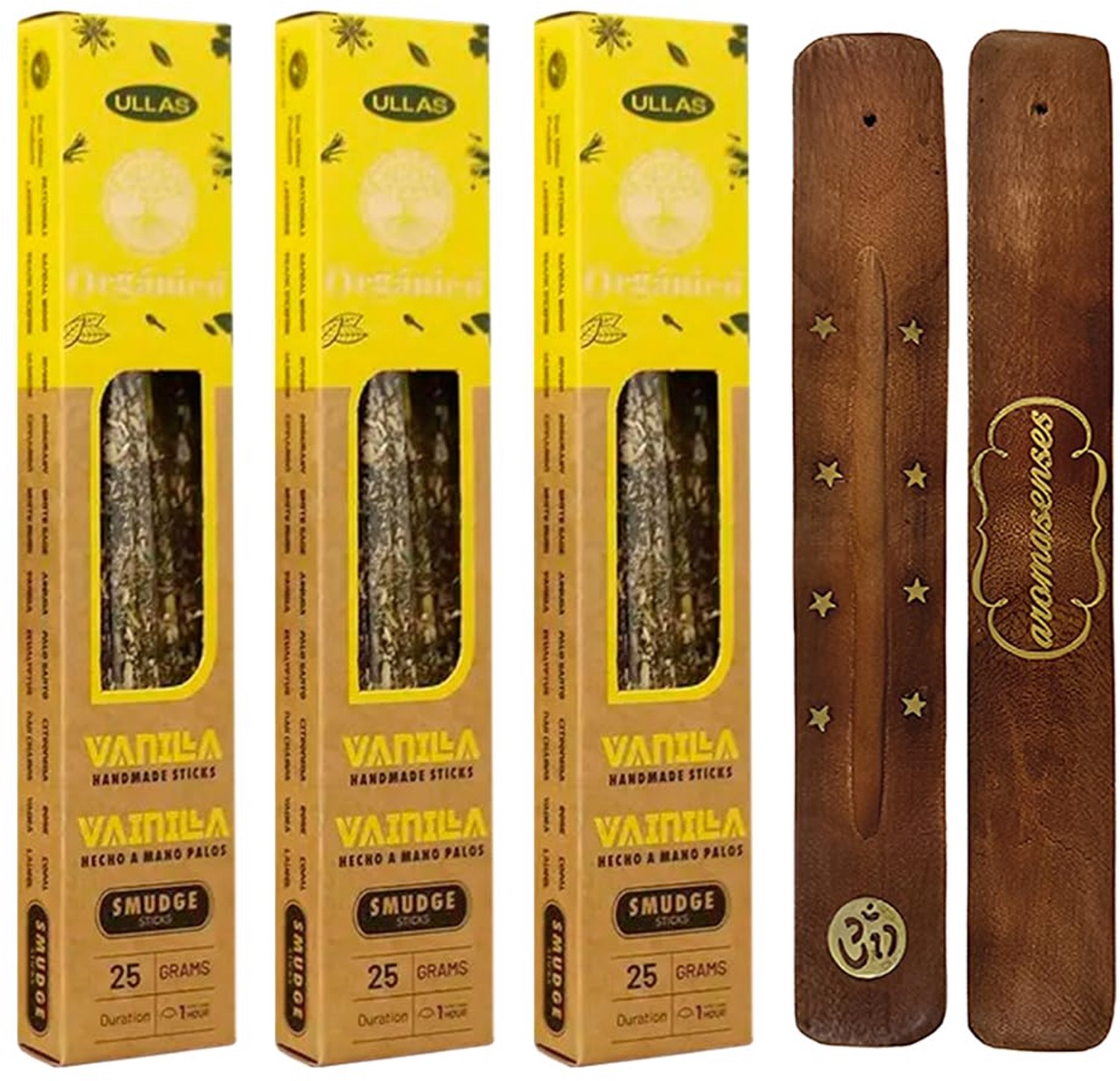 Set van 3 Organic Wierookstokjes - Ullas Vanille met Houder