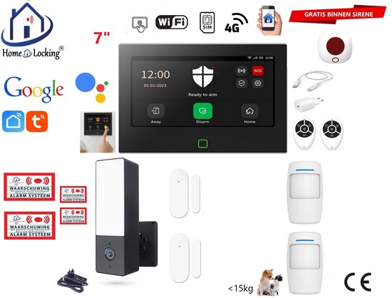 Home-Locking alarmsysteem met 7-inch touchscreen, wifi, 4G, camera, sirene, afstandsbedieningen en bewegingssensoren.