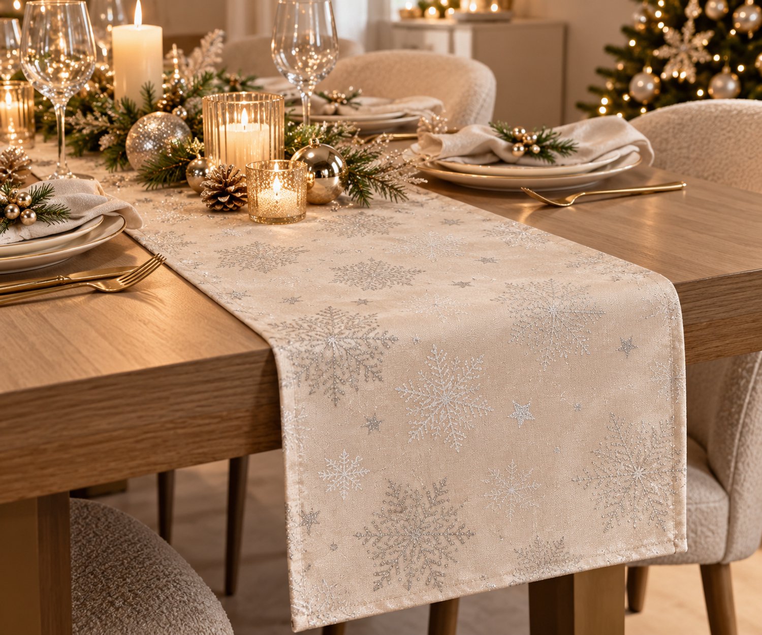 Kerst Tafelloper 40x150 cm – Beige & Zilver – Sneeuwvlokken Design – Waterafstotend – Subtiele Glans – Wasbaar op 40°C – Luxe Kerstdecoratie voor Eettafel – Winter Tafeldecoratie