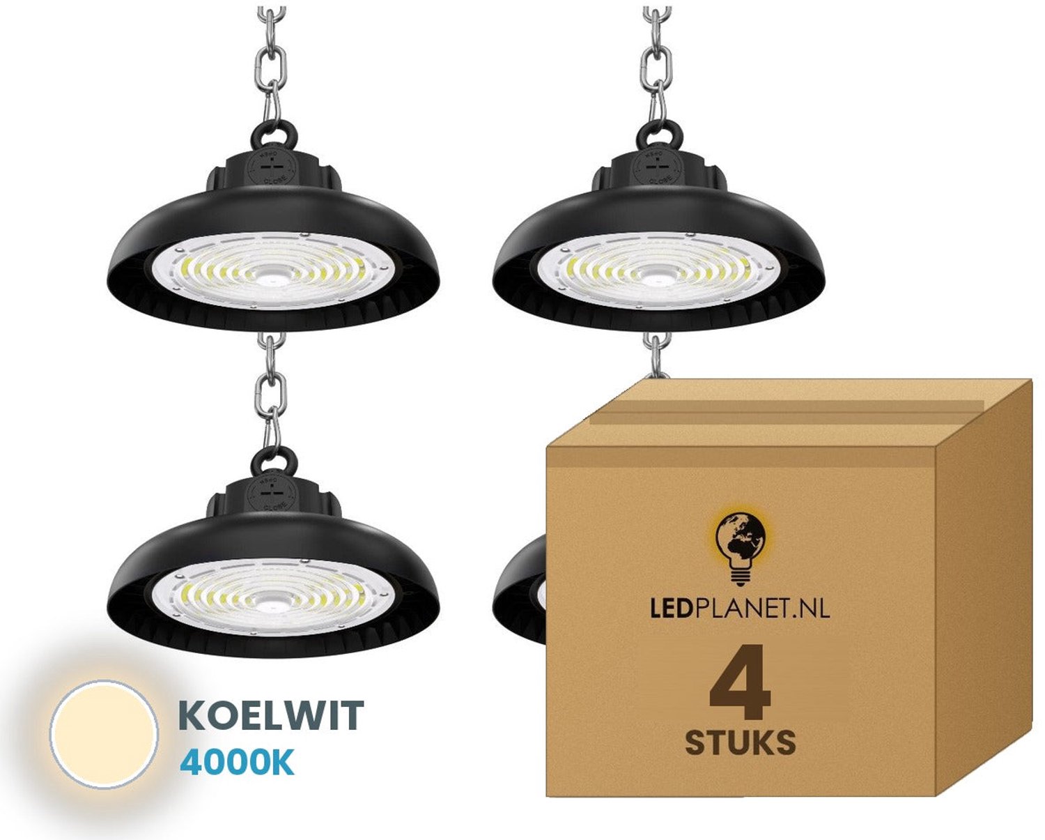 Tsong UFO Lamp - LED High Bay 150W - 27.000 lm - Koelwit 4000K - 4 stuks - Instelbaar 90/120/150W - IP65 - Hal, Werkplaats- & Garageverlichting - 5 jaar garantie