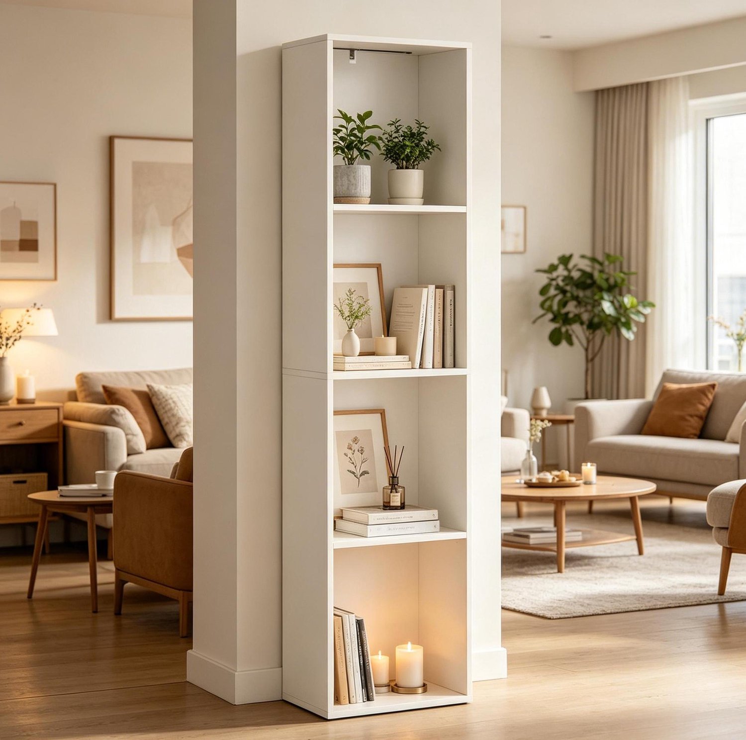 MEUNIQ Boekenkast met 4 open vakken en verstelbare RGB-verlichting, 40 x 29 x 170 cm, wit opbergrek voor woonkamer, slaapkamer of werkkamer