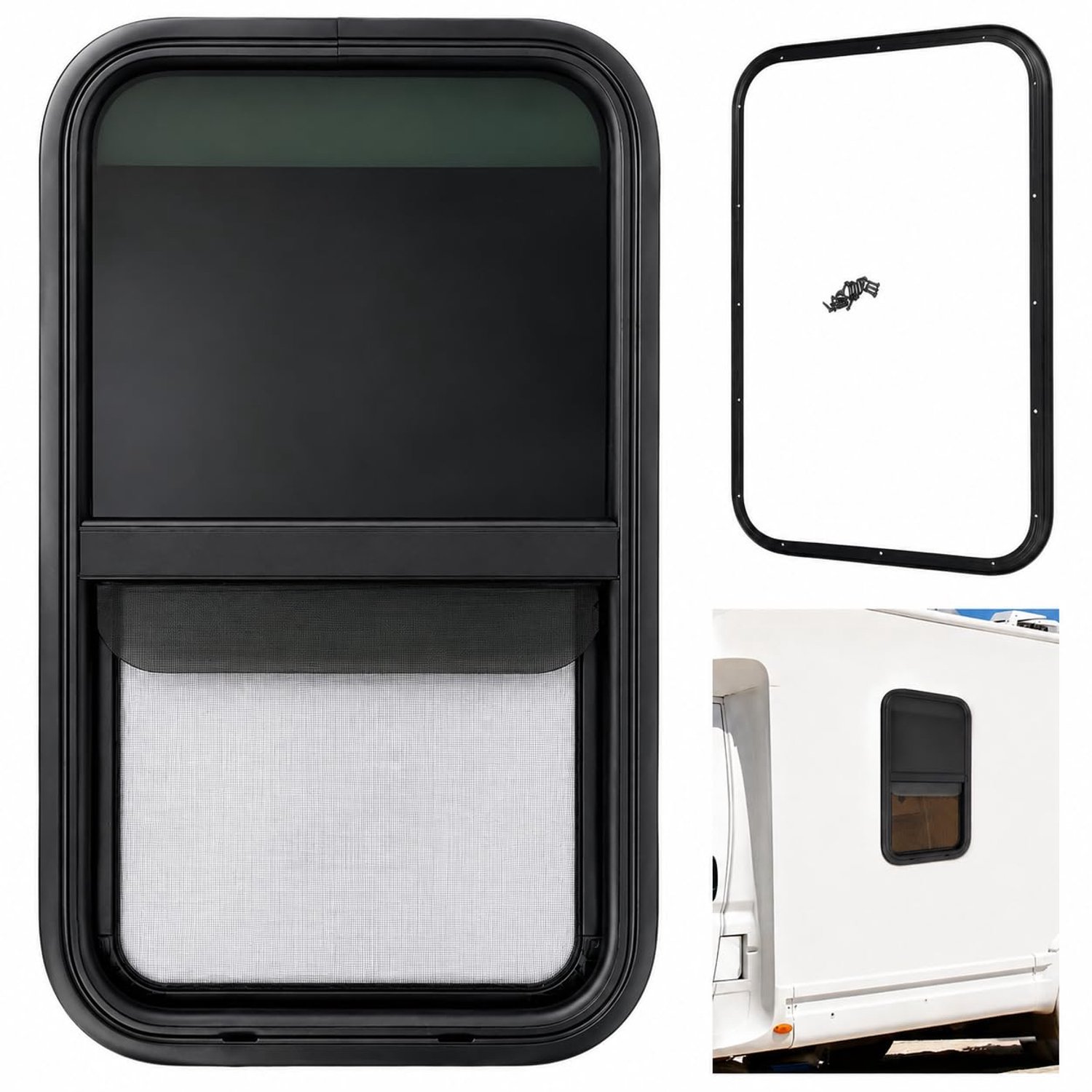 Verticaal schuifraam voor camper - 450x750mm - Aluminium en glas - Zwart