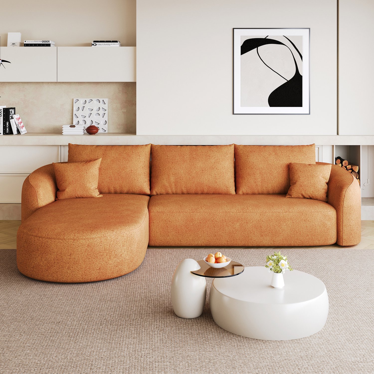 Wishdor Hoekbank - L-vormige 3-zitsbank zonder montage - Zachte chenille bekleding en veerkrachtig schuim - Oranje stoffen bank voor woonkamer slaapkamer en appartement - 266 x 168 x 85 cm