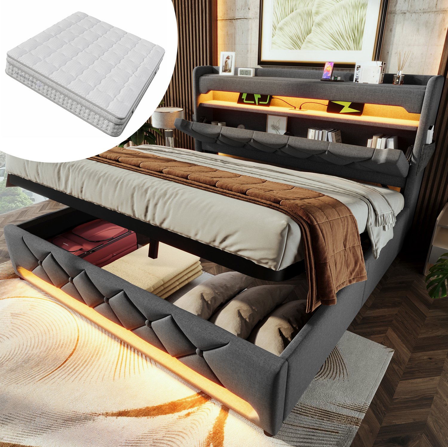 MEUNIQ gestoffeerd tweepersoonsbed 180 x 200 cm met matras, hydraulische opbergruimte, ledverlichting en USB- en USB-C-aansluitingen, grijs