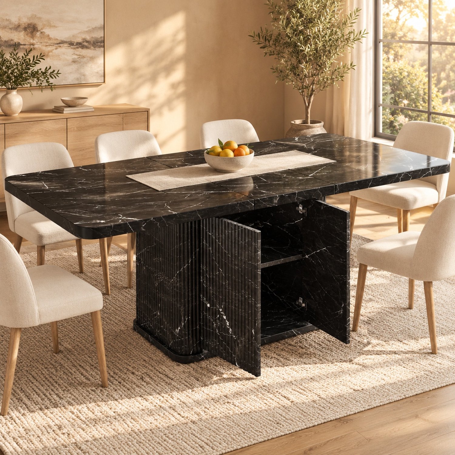Wishdor Uitschuifbare eettafel met verborgen opbergruimte - Verlengbaar blad en verstelbare voetjes - Verticale reliëfpanelen - Voor eetkamer en woonkamer - MDF en metaal - Zwarte marmerlook - 180 x 80 x 76,5 cm