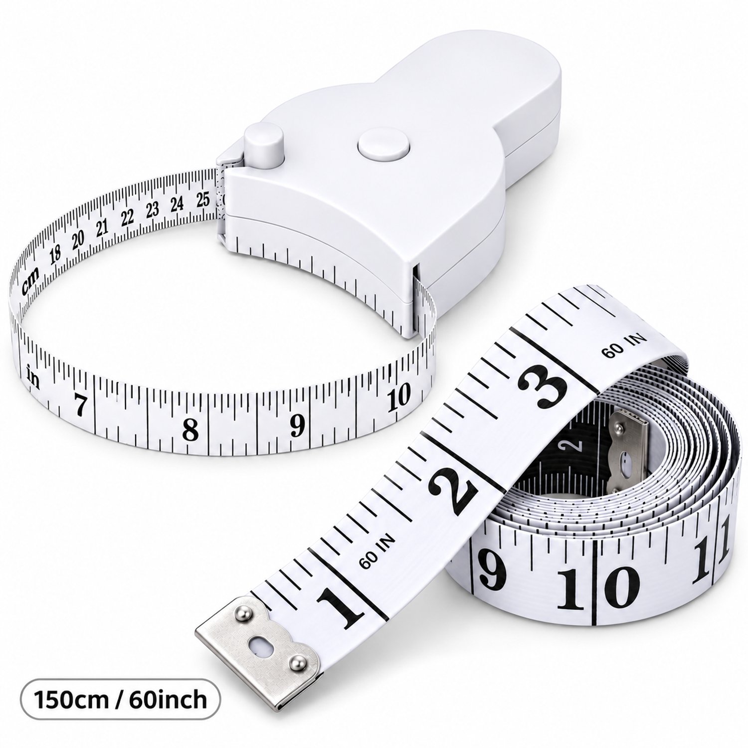 Tolvia Meetlint Set 2-delig - Lichaamsmeetlint 150 cm met Zelfklemmende Omtrekmeter - Intrekbaar Meetlint & Flexibel Centimeterlint - Voor Taille, Borst, Heupen en Naaien - Wit