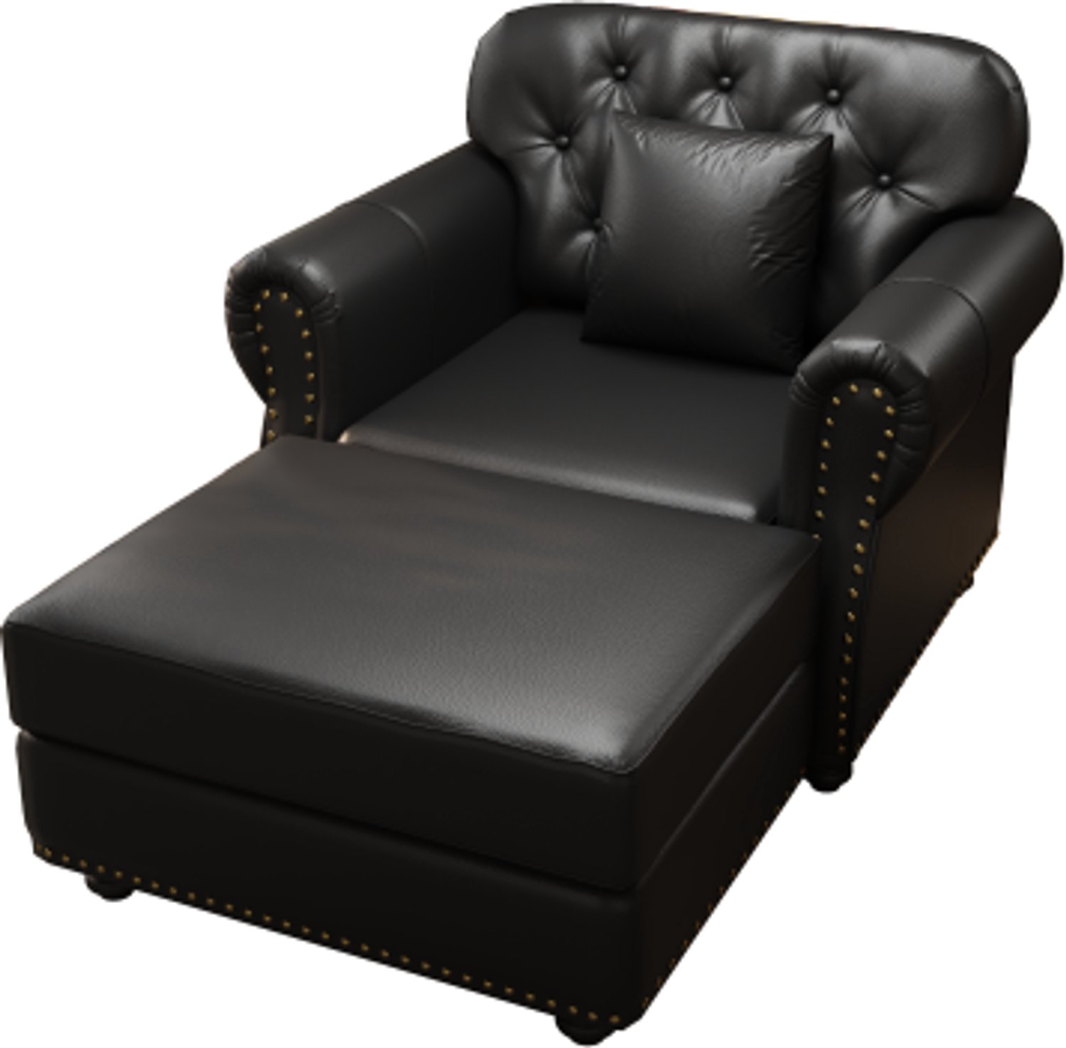 in& out door furniture 105 cm Chesterfield-fauteuil, met mobiele eenzitshocker, kunstleren een zitsfauteuil, zitkussen met veerkern, knoopstiksel, rollende armleuning-design, siernageldecoratie, zwart