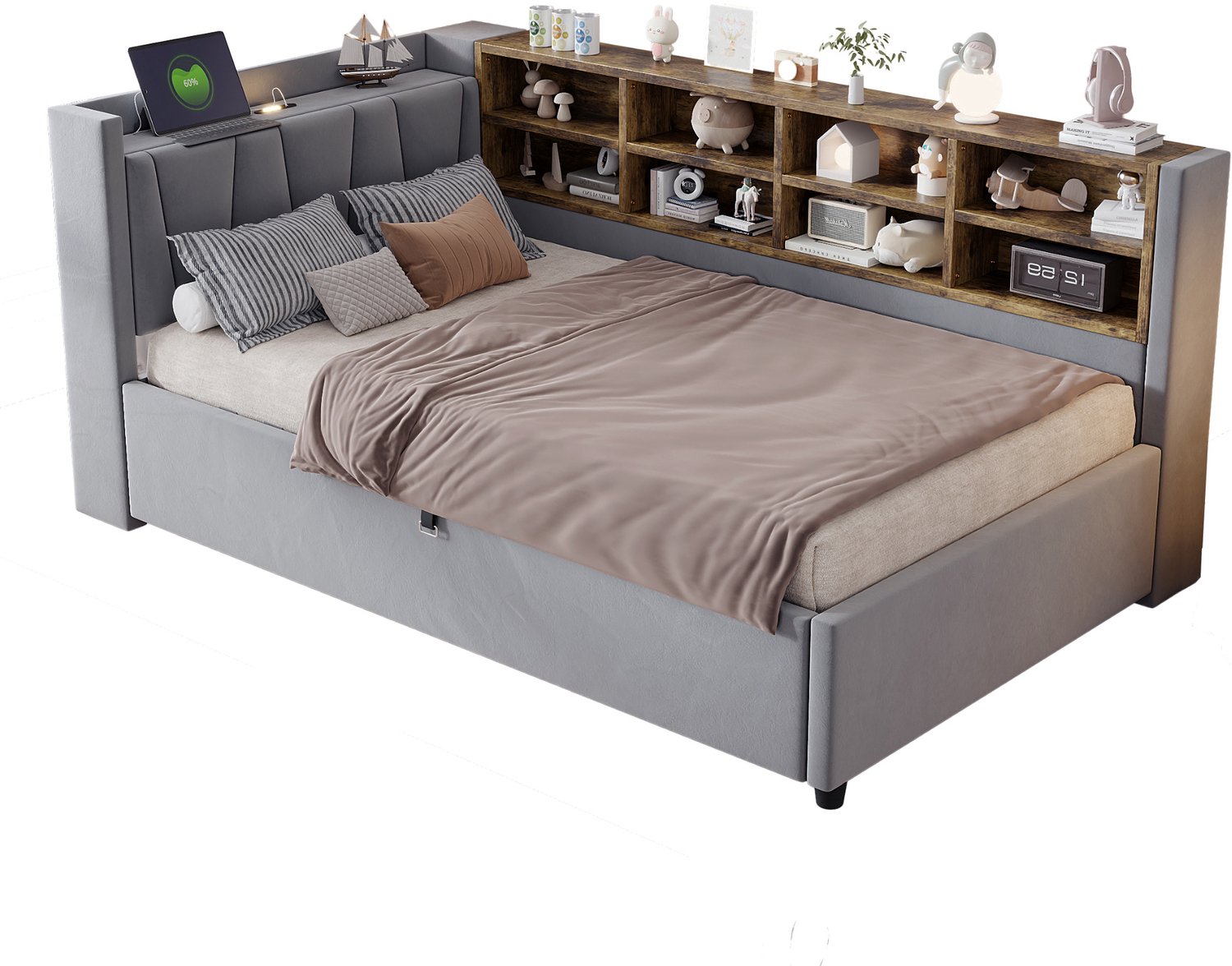 REDOM Gestoffeerd bed 90x200 cm - Hydraulische opbergruimte, verlichting en USB - Grijs Lichtgrijs