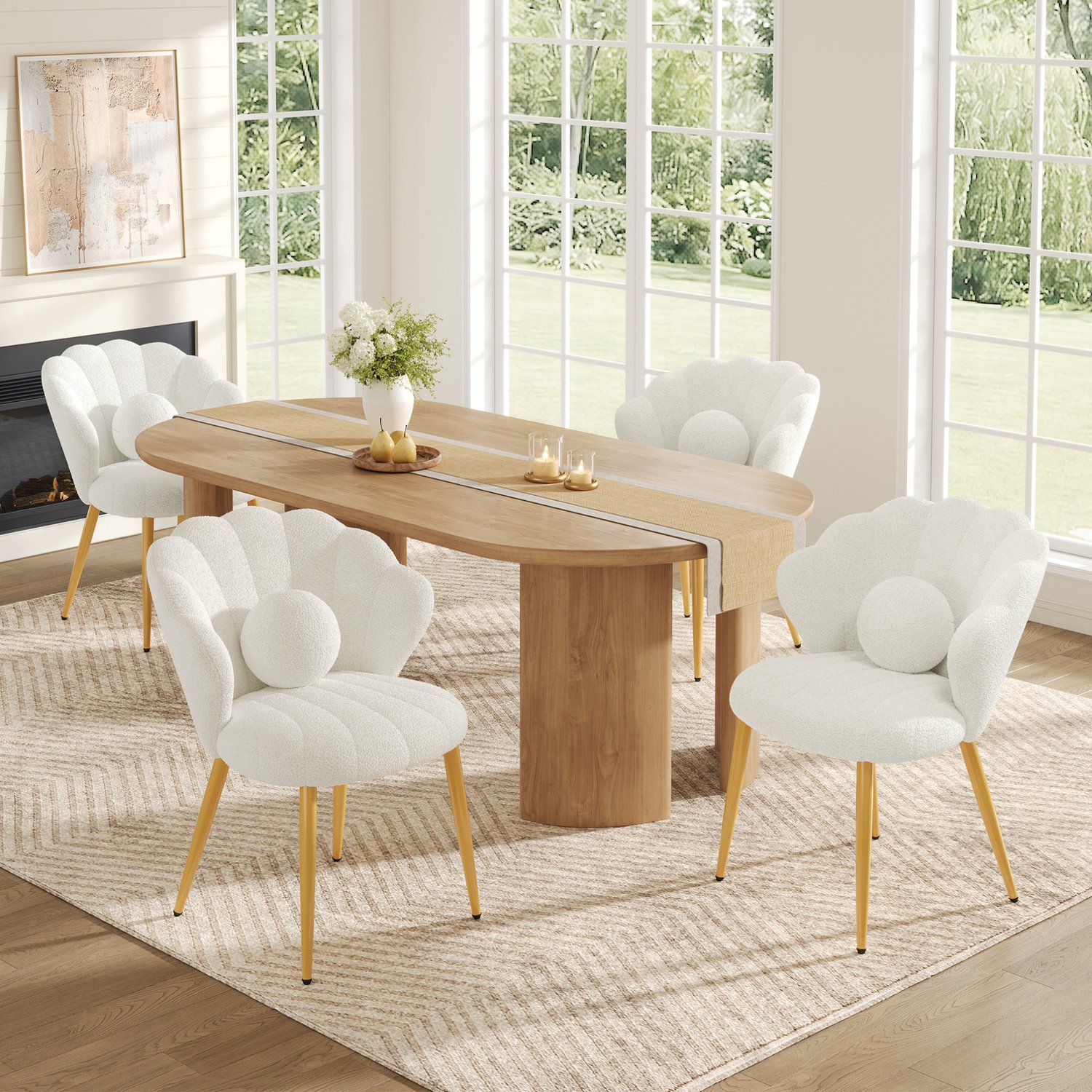HAUSS SPOLE Eetkamerstoelen - Set van 4 - Schelpvormige Rugleuning en Sierkussen - Voor Eetkamer en Slaapkamer - Teddystof en Metaal - Wit