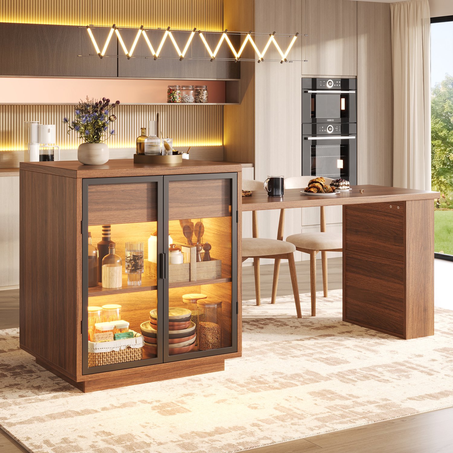 STILVORA Eettafel - Uitschuifbaar Met Opbergruimte En Ledverlichting - Keukeneiland Voor De Keuken - MDF En Metaal - 122-194,5x70x94 Cm - Donkerbruin