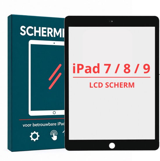 Vervangend LCD-scherm voor iPad 7, 8 en 9 met bijbehorende blauwe verpakking en tekst 'LCD SCHERM'.