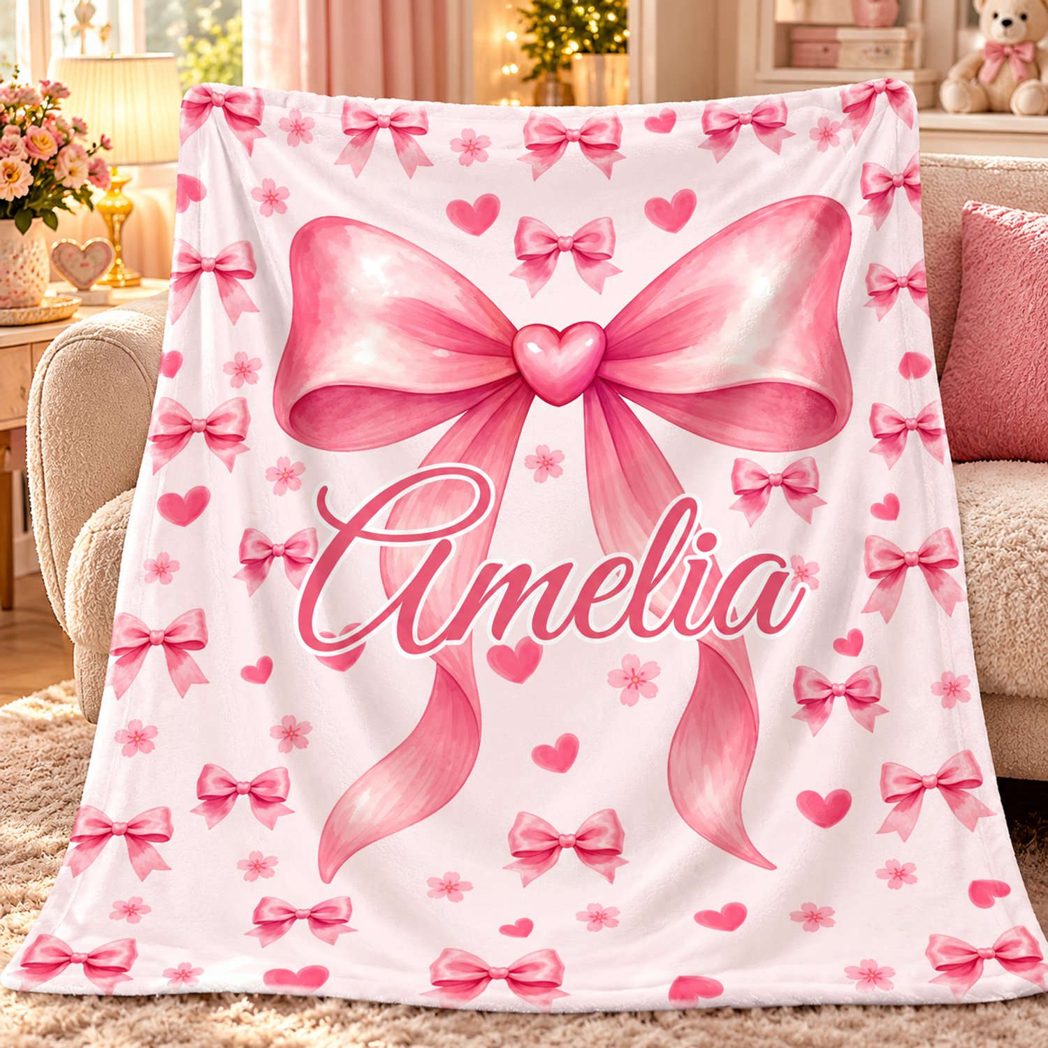 Rojellaa Roze Plaid met Grote Strik en Naam Amelia