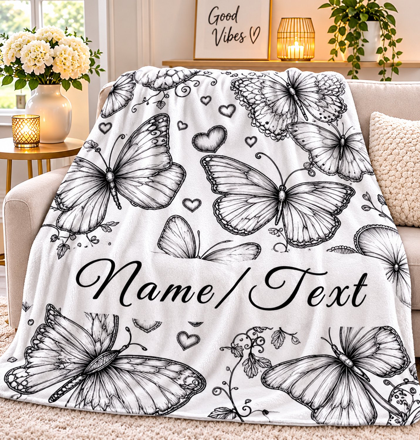 Rojellaa Plaid Vlinderdessin Personaliseerbare Naam of Tekst - Wit - Zwart-Wit Lijnillustratie