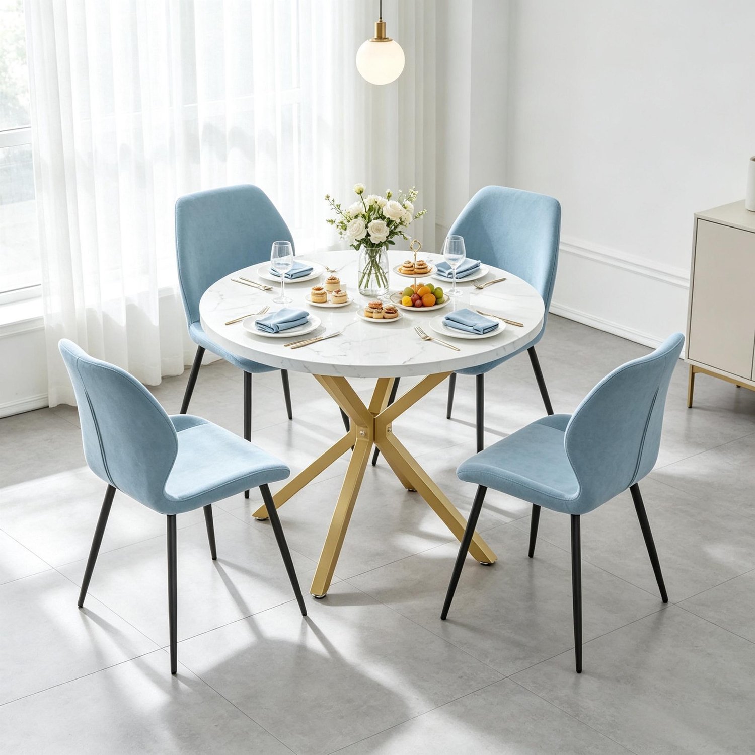 OKWISH Ronde Eettafel - Marmerlook Tafelblad - Voor Keuken en Eetkamer - Hout en Staal in Wit en Goud - Diameter 100 cm