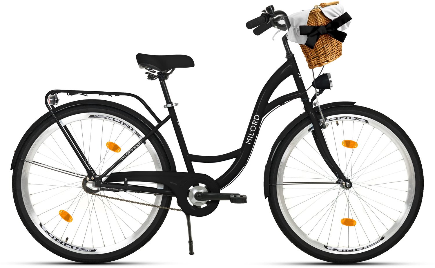 Milord damesfiets met zwart frame stadsfiets 28 inch met 3 versnellingen en rieten mand